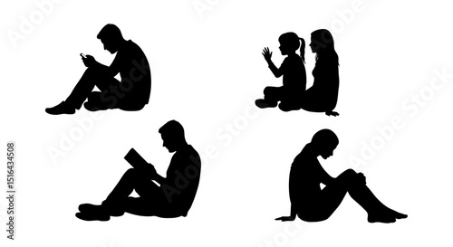 Diverse People Silhouettes Sitting and Engaging in Various Activities