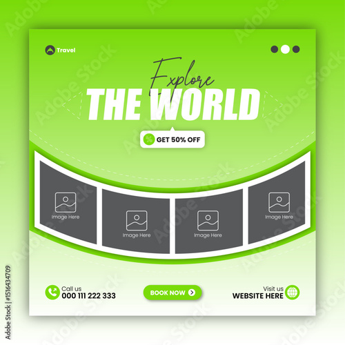 Travel social media post design or square travel flyer design template