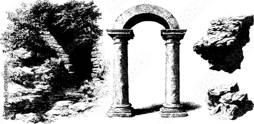 Ancient ruins and stone engravings illustration for historical designs