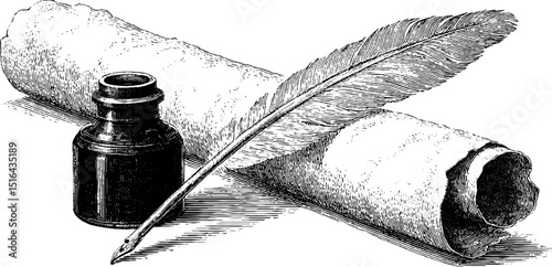 Engraved illustration of ancient scroll with quill and ink bottle for historical design