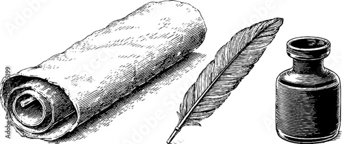 Vintage engraved illustration of ancient scroll and quill set for historical design and decoration