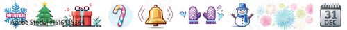 Pixel winter icons set: snowflake, tree, gift, candy cane, bell, mittens, snowman, fireworks, calendar.