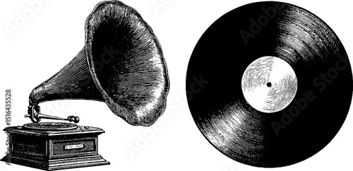 Vintage phonograph and vinyl record illustration set for retro design use