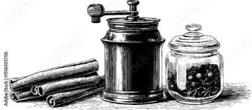 Vintage spice grinder and cinnamon sticks collection for culinary art and design