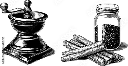 Engraved illustration of antique spice grinder and cinnamon with pepper jar for culinary design