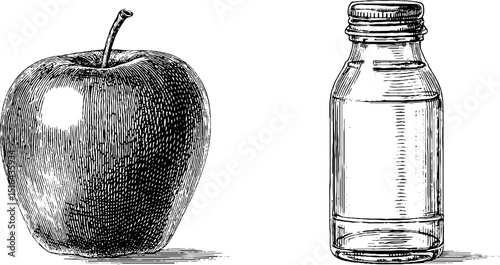 Engraved illustration set of apple and juice bottle for design and print