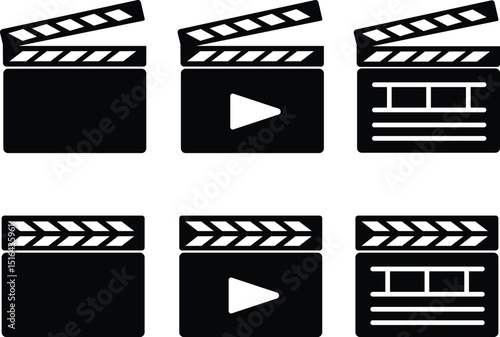 Clapper board vector icon set. Opened and closed movie clapper film clap board. Director clapboard. Filmmaking, video production industry equipment. Flat
