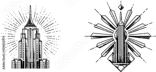 Art deco skyscraper engravings: vintage architecture illustration set