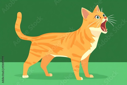 An orange tabby cat is loudly meowing with open mouth