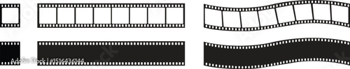 Old grunge movie film long strip set, vintage filmstrip roll frame, vector photo background. Video or movie filmstrip overlay, cinema or photograph camera long film strips collection in flat and line