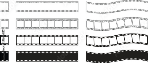Old grunge movie film long strip set, vintage filmstrip roll frame, vector photo background. Video or movie filmstrip overlay, cinema or photograph camera long film strips collection in flat and line