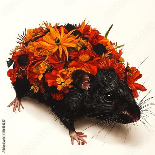 A black rat is adorned with vibrant colorful flowers