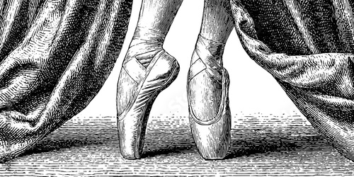 Engraved ballet art featuring ballerina on pointe with textured curtains