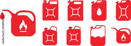 jerry can tank box set, oil container, fuel logo illustration. Red handle cans. Petrol and Gasoline jerry can signs. Car petrol symbols. Gallon collection. Auto industry. Flat style