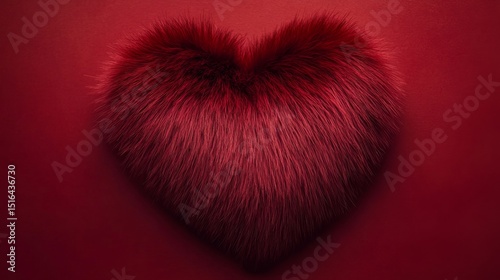 A fluffy blood red fur heart shape with a soft texture on baby red minimal background 