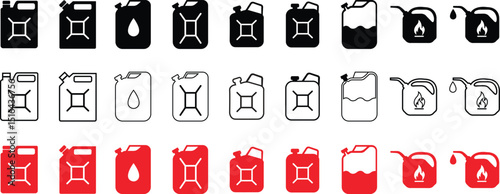 jerry can tank box set, oil container, fuel logo illustration. Red handle cans. Petrol and Gasoline jerry can signs. Car petrol symbols. Gallon collection. Auto industry. Flat and line style