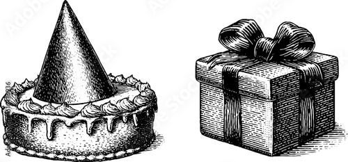 Engraved birthday celebration with cake and gift box illustration for party design