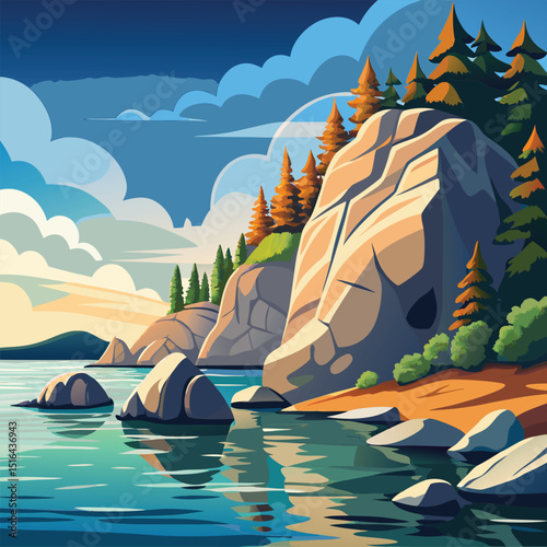 Cartoon Lake Landscape with Rocky Cliffs, Reflections in the Water, and Evergreen Trees Artwork