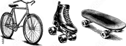 Vintage transport engravings: bicycle, roller skate, and skateboard design
