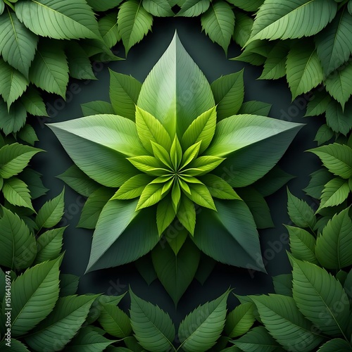 A symbolic star design featuring gray to green gradient tones, encircled by intricate leaf patterns around the edges. A minimal and elegant composition with a natural and harmonious feel