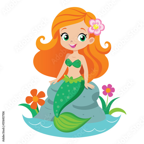 Cartoon Mermaid with Orange Hair Sitting on Rock in Ocean with Flowers