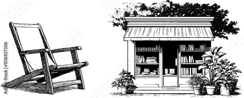 Vintage engraved illustration of bookstore front and wooden chair design
