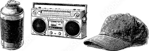 Vintage boombox, graffiti spray can, and cap engraved illustration for urban art design