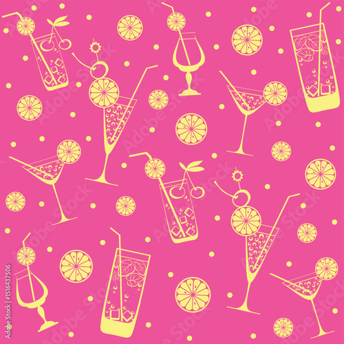 Cocktail drinks. Seamless background with tropical alcoholic cocktails and fruits.  Good for textile fabric design, wrapping paper, website wallpapers, textile, wallpaper and appar Vector illustration