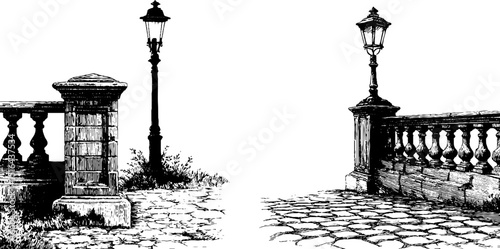 Engraved illustration of vintage bridge with cobblestone pathway. Classic retro design with lamp post, stone street, railing, and sidewalk.
