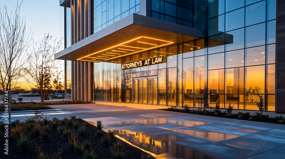 Obraz premium Modern law firm building with reflective glass at sunset