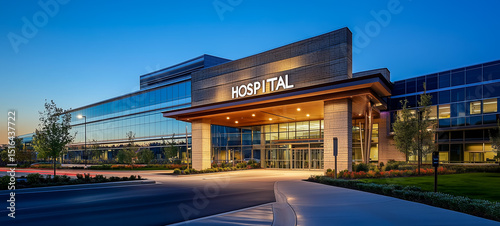 Modern hospital building exterior at twilight with welcoming entrance