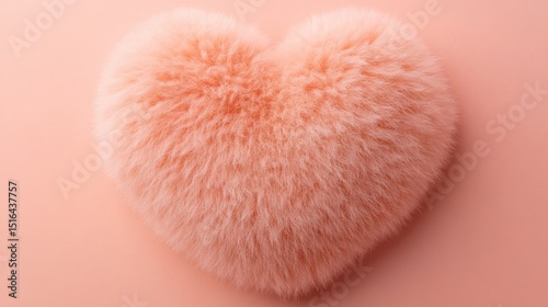 A fluffy coral fur heart shape with a soft texture on baby peach minimal background 