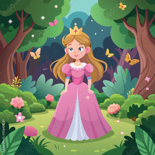 Cartoon Princess with Golden Crown in Enchanted Forest Glade Illustration