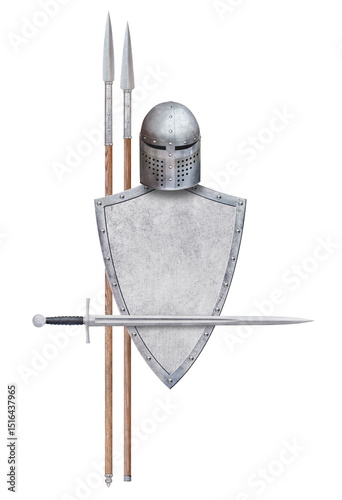 knight's sword helmet shield and two spears isolated on white