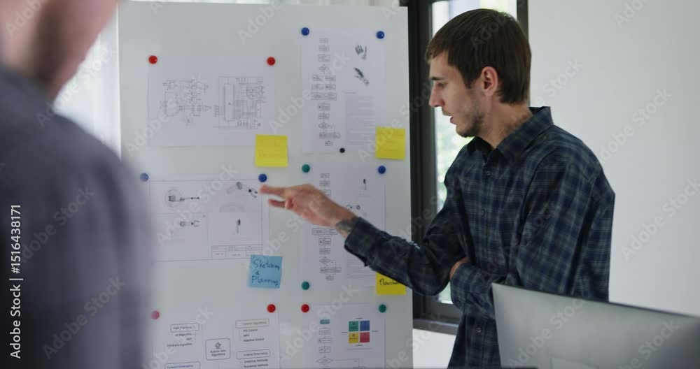Team adult male engineer develop present AI robotics hand project at tech workspace. Artificial intelligence, collaboration support prototype development, robotic, debugging, machine learn, training.