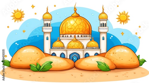 An illustration of a mosque with bread and decorations