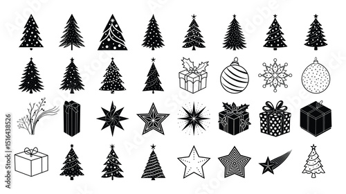 Christmas Tree Set with Winter Holiday Decorations and Icons
