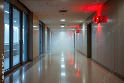 Fire alarm smoke trigger concept. Misty hallway with red emergency lights illuminating the space.