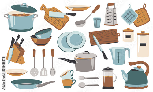 Kitchenware set. Kitchen utensils, tools, equipment and cutlery for cooking. Cook appliances and accessories collection. Flat vector illustrations of cookware objects isolated on white background