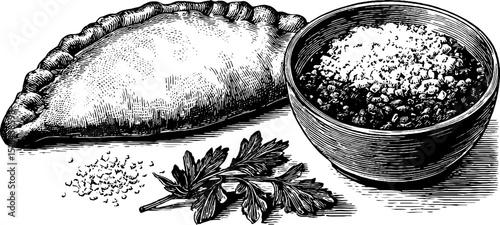 Engraved culinary art of calzone and marinara sauce with parsley garnish