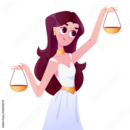 Sweet girl, the goddess holds the scales. The zodiac sign is Libra. The symbol of notary and justice. Vector illustration.