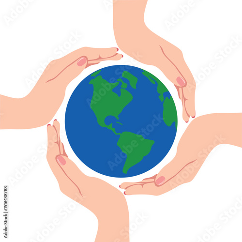 Four hands holding a globe. Save the earth. Earth Day