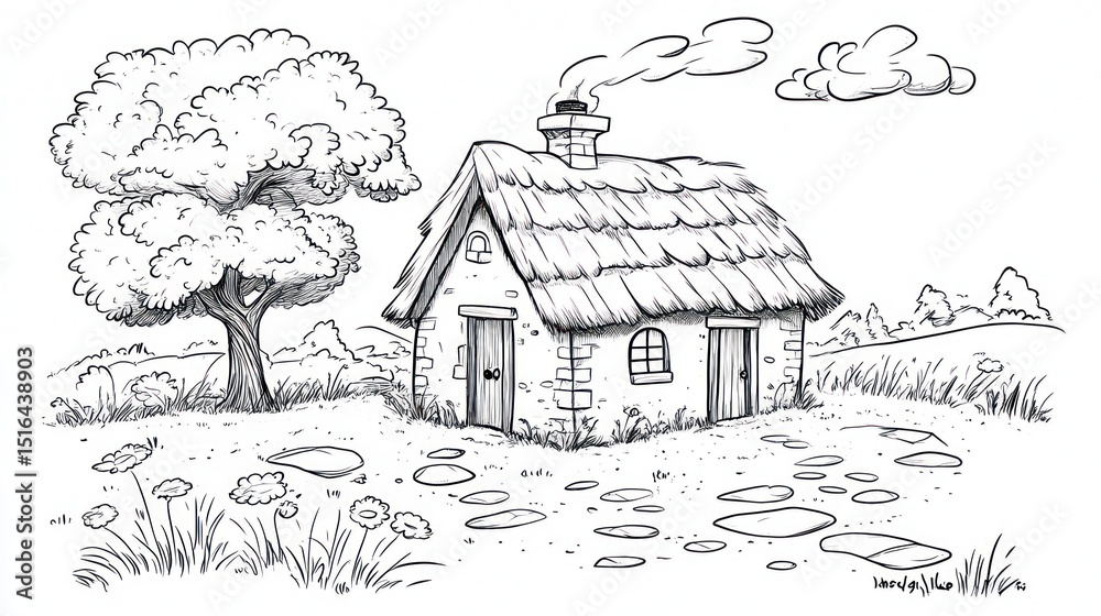 Obraz premium Simple black and white sketch of a thatched cottage