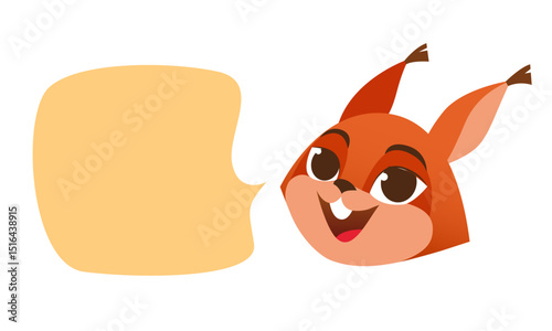 The animal's head is a red squirrel. The squirrel character is a forest animal - a wild mammal with a dialog box. Vector illustration of a face with an icon image, isolated on a white background.