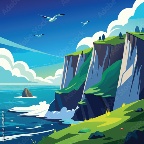Coastal Cliffs Vector Art with Ocean Waves, Seagulls, and Grassy Landscape View