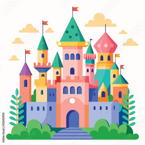 Colorful Whimsical Castle with Flags, Towers, Stairs, and Foliage Illustration in Flat Design