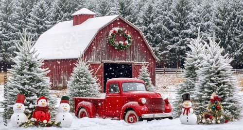 Snowy Christmas scene with a red barn, vintage truck, snowman, and evergreen trees