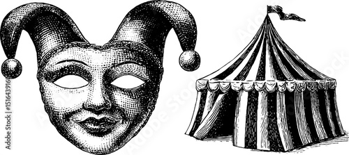 Engraved illustration of carnival mask and circus tent for festive design