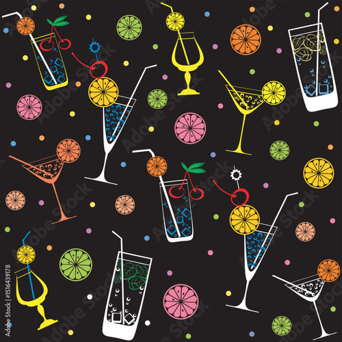 Cocktail drinks. Seamless background with tropical alcoholic cocktails and fruits.  Good for textile fabric design, wrapping paper, website wallpapers, textile, wallpaper and appar Vector illustration