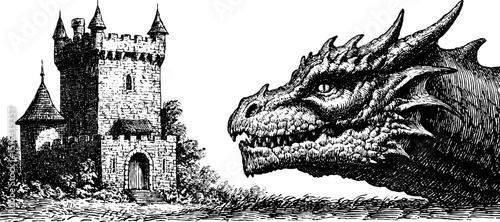 Engraved illustration of majestic castle and mythical dragon for fantasy design and storytelling